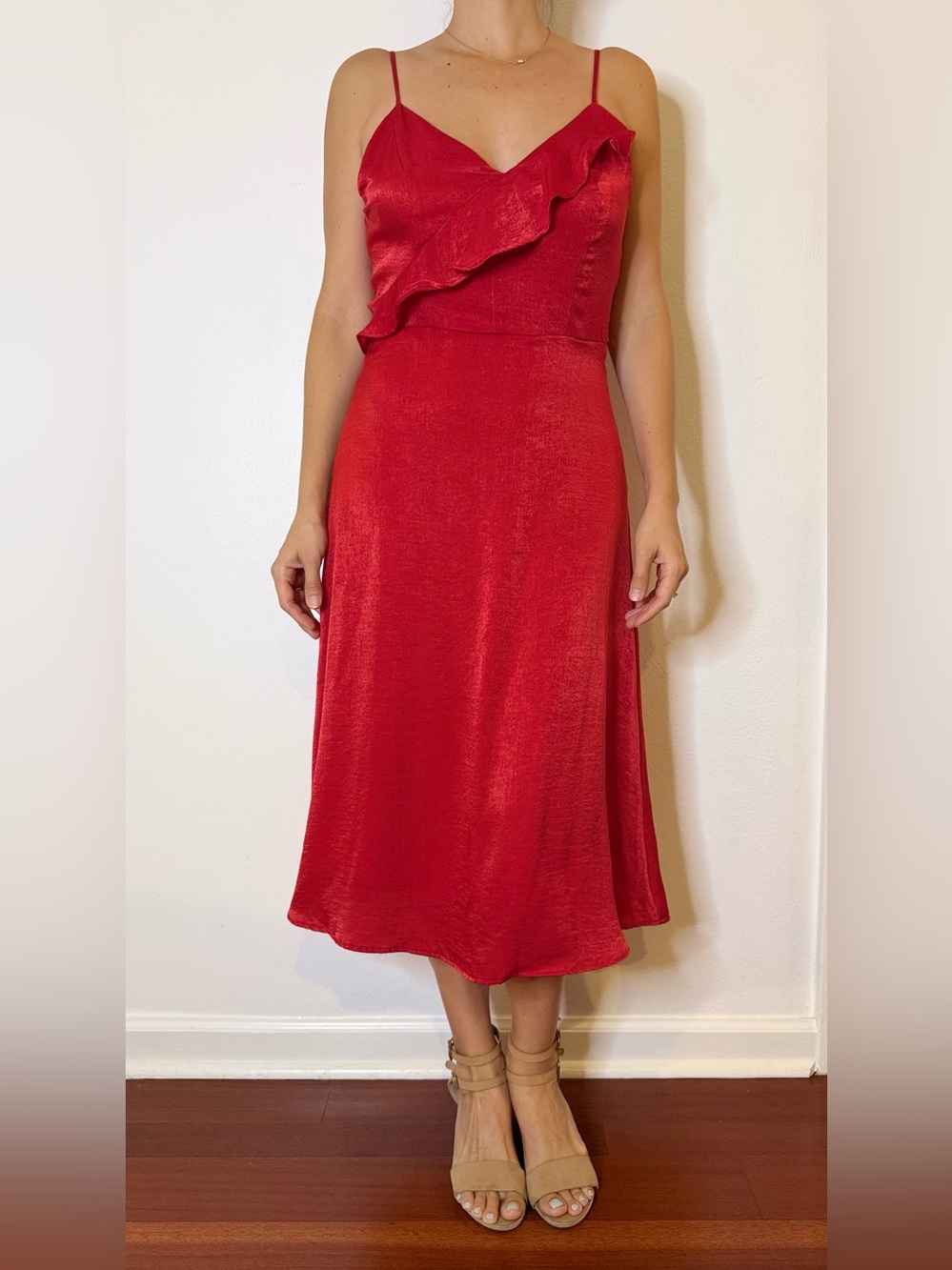 Red Satin Ruffle-Front Midi Skirt